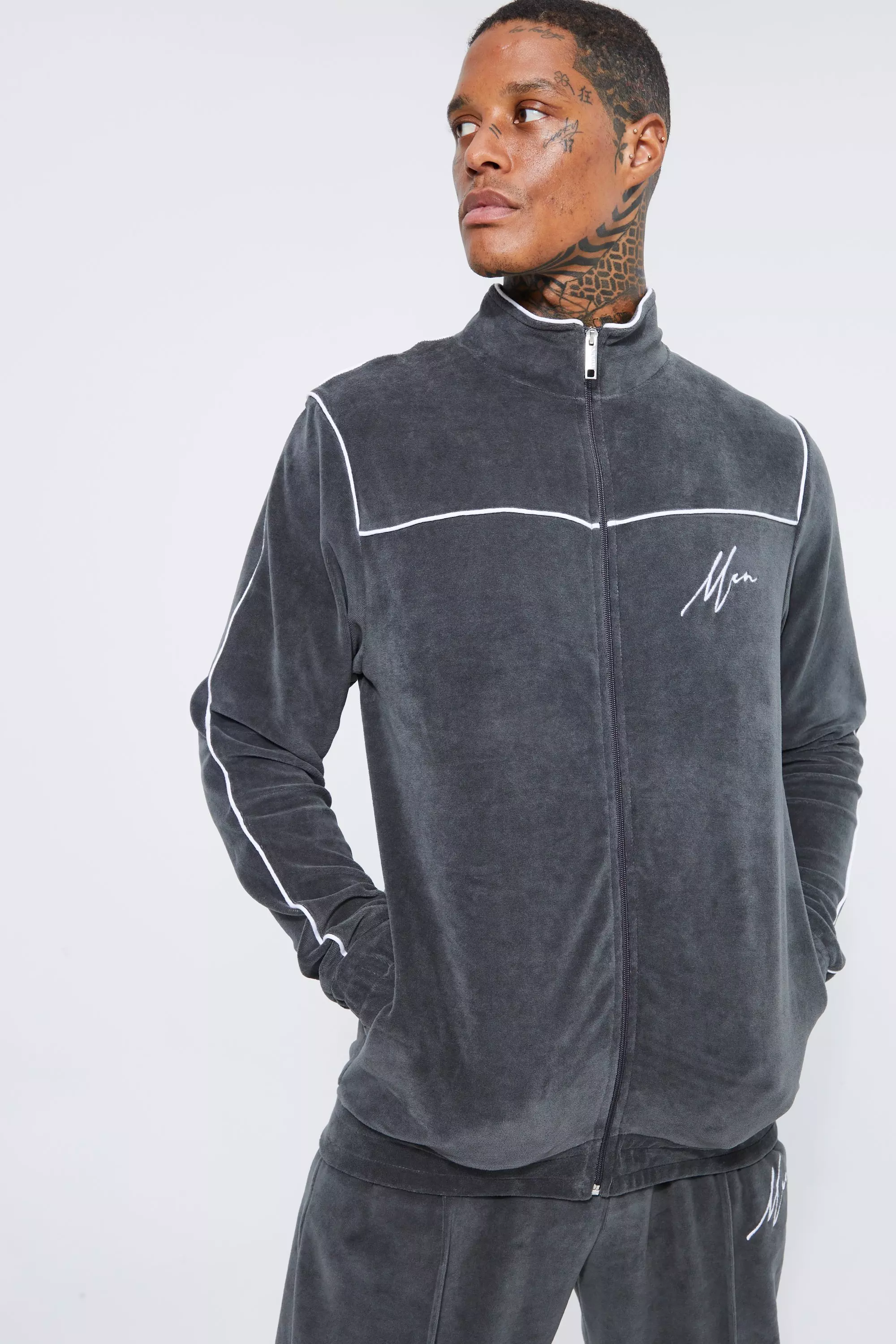 Mens grey sale velvet tracksuit